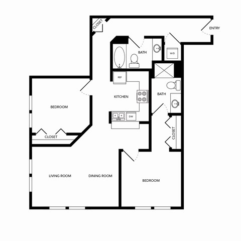Floor plan for 2 beds, 2 baths, 1057 sqft